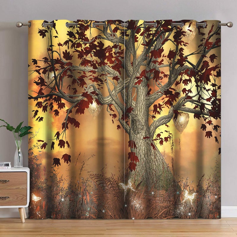 Jekeno Fall Tree Blackout Curtains Autumn Tree Room Decor Moonlight Butterfly Lantern Glittering Firefly Print Grommet Window Drape for Bedroom Living Room 2 Panel Set, 52"x84" - Image 1